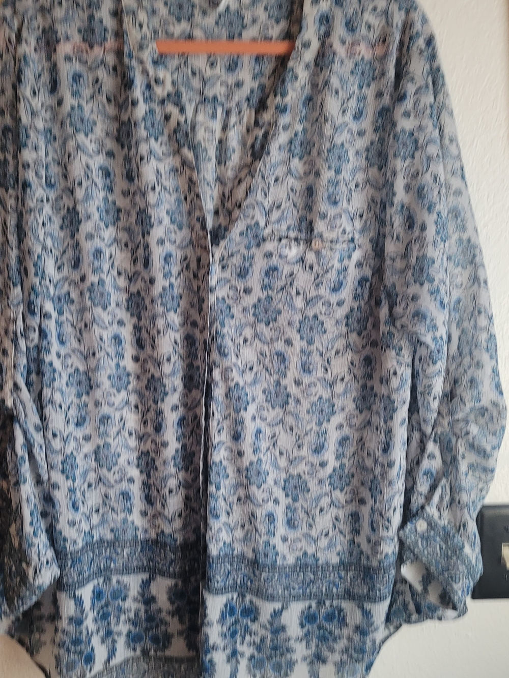 Kut from the Kloth Blue and White Floral Button-Front Sheer Blouse‎